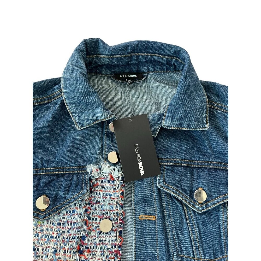 Fashion Nova Cropped Tweed Denim Jacket Skirt Set Raw Hem Size XS NWT - Picture 8 of 16